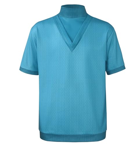 Men Blue Sleeve Blocky Costume Classic Style Pullover Semi-high V-Neck Collar Shirts for Adult Men