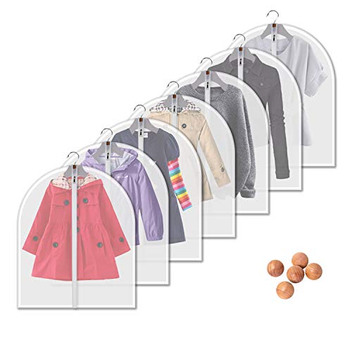 VOSIGREEN Dust Proof Garment Bags 7 Piece Set - 31 Inch Translucent Garment Covers with Full-Length Zipper for Closet Clothes Storage and Travel. Bonus: 5 Natural Cedar Ball.