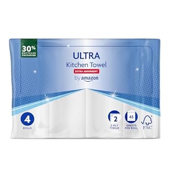 by Amazon ULTRA Küchenrolle Extra Saugfähig 4 Rollen 4 Rollen 1-er Pack 45 Blätter pro Rolle Auswringen und Wiederv