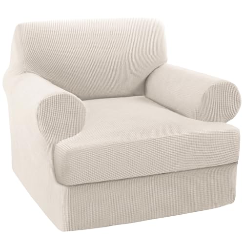 Turquoize T Cushion Chair Slipcover T Cushion Chair Covers for Living Room Stretch Sofa Couch Cover Soft Armchair Cover Washable Furniture Covers with Individual T Cushion Seat Covers (Chair, Ivory)