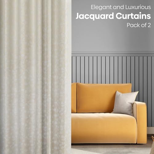 Image of haus & kinder Printed Jacquard Window Curtains 5 Feet Long Pack of 2 Window Curtains, 5 Feet Curtains for Window (Gingko Serenity, Champagne Nature 130x152 CM)