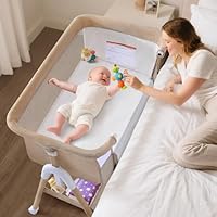 cozydwells 3 in 1 Beistellbett Baby, Tragbar reisebett Baby mit matratze Höhenverstellbar Bettchen Verstellbare Höhe & Neigung 5 abschließbare Räder Baby Co-Sleeper für Neugeborene Kleinkind Khaki