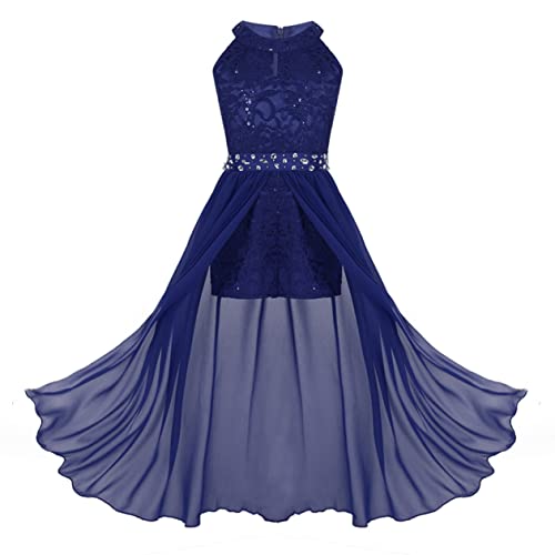Shinsto Kids Girls Sleeveless Floral Lace Rhinestone Pleated Maxi Romper Dress Wedding Party Prom Gowns Blue 10 Years #TOP7