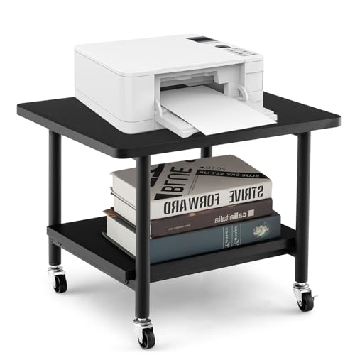 CASART 2 Tier Printer Stand, Rolling Printer Table with Lockable Wheels and Open Shelves, Metal Frame Mobile Printer Cart for Home Office Study (Black)
