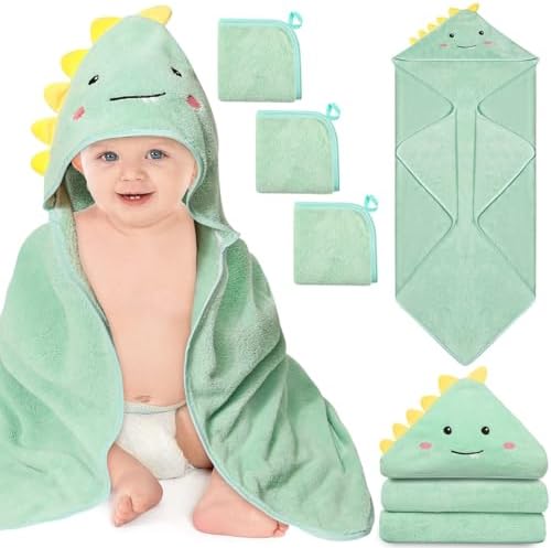 4 PCS Hooded Baby Towels, Soft Baby Towel, Absorbent Baby Bath Towel, Baby Towels and 3 PCS Baby Washcloths for Newborns, Toddlers, and Kids, 32×32 in Baby Towel with Hood for Boy and Girl (Dinosaur)