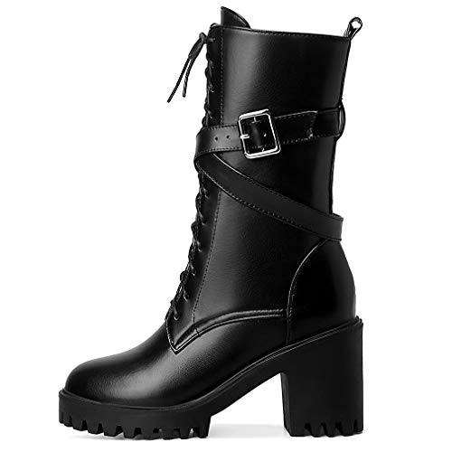 Parisuit Women's Chunky High Heel Lace Up Mid Calf Boots Goth Buckle Platform Combat Boots Punk Zip Up Booties3