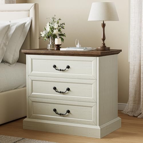 Huuger Nightstand with Charging Station, 3 Drawer Night Stand Set of 2, 22 Inch Wider Side Table with Storage, Farmhouse Nightstand with Vintage Handles, Thicken Base, for Bedroom, Distressed White - Image 3