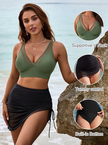 Image of Blooming Jelly Womens Swim Skirt High Waisted Bikini Sets Tummy Control Swimsuits Mesh Sarong Wraps Bathing Suits