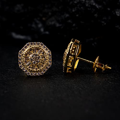 Men's 14K Yellow Gold 925 Sterling Silver Cz Hip Hop Octagon Cluster Stud Screw Back Earrings, M, Sterling Silver, Cubic Zirconia4