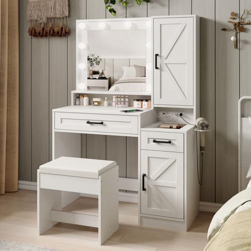 Image of Fameill Vanity Desk with Mirror and Lights,Make up Vanity with Chair and Outlet,Dressing Table with Jewelry Cabinet, Bedroom Vanity with 2 Drawers, 3 Lighting Colors,36.4 inch,Antique White
