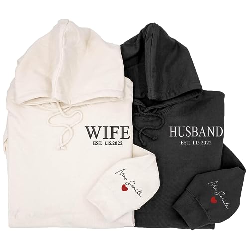 Custom Embroidered Wife & Husband Sweatshirt Hoodies, Personalized Couple Names On Sleeve With Heart, Custom Anniversary Date, Gifts For Couples, Gifts For Wife, Husband, Bride Sweatshirt