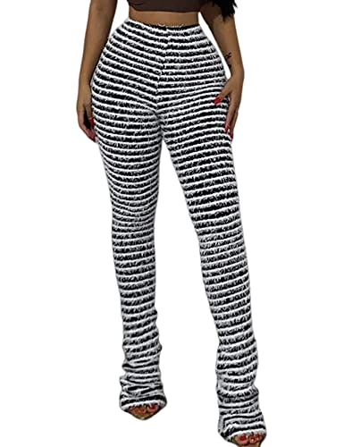 Yimoon Stacked Fuzzy Pants Women Black and White Zebra Print High Waisted Striped Y2K Leggings