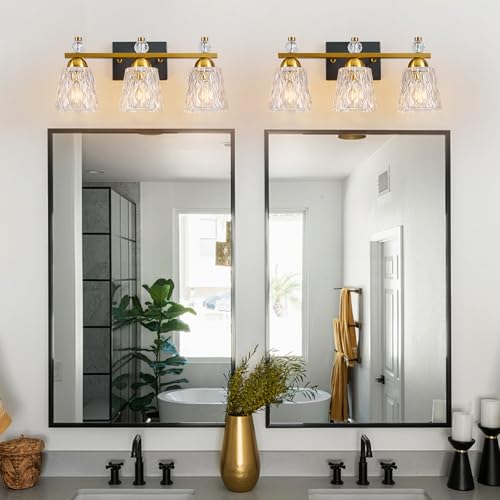 Image of 3 Light Bathroom Vanity Light, Black Gold Bathroom Light Fixtures with Textured Glass Shades Modern Vanity Lighting Wall Mount Over Mirror