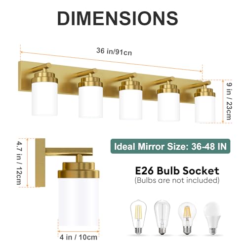 Image of IZORRO Bathroom Vanity Light Fixture, 5-Light 36 Inch Gold Bathroom Light Fixtures Over Mirror, with White Glass Shade, Modern Farmhouse Vanity Lights, Rustic Restroom Lighting Fixtures