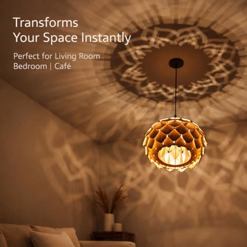 Image of Wood Pinecone Pendant lamp, Wooden Ceiling lamp, Wooden Hanging lamp handicrafted Home decore Chandelier Light (Lotus 2B)