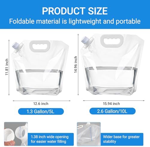 XlentPac Collapsible Water Container Bag 4 Pack 2.6 Gallon BPA Free Water Bag Clear Plastic Collapsible Water Jug Emergency Water Pouches for Travel, Camping, Riding, Mountaineering