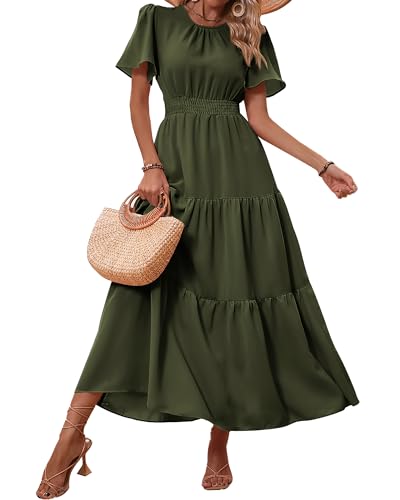 Image of PRETTYGARDEN Women's Casual Smocked Boho Floral A-Line Maxi Dress 2026 | Summer Short Flutter Sleeve Crewneck Tiered Long Sundress,Fall Wedding Guest Dresses,Spring Cute Flowy Beach Vacation Clothes