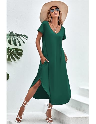 Image of Ekouaer Long Nightgowns for Women Short Sleeve House Dress with Pockets V Neck Sleepshirts Side Split Sleepwear S-4XL
