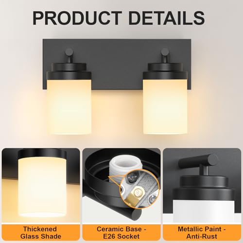 Image of IZORRO Bathroom Vanity Light Fixture, 2-Light 15 Inch Matte Black Bathroom Light Fixtures Over Mirror, with White Glass Shade, Modern Farmhouse Vanity Lights, Rustic Restroom Lighting Fixtures