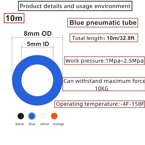 HUAZIZ 10 Meter PU Pneumatikschlauch Pneumatic Polyurethane Schlauch Flexibel Druckluftschlauch Außen 8mm x Innen 5mm Blau, mit 8 Stück Pneumatikverbinder Air Push-Schnellkupplungen (Y/T/L/I förmig)