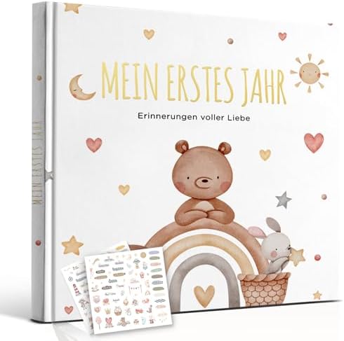Hyggartn Mein Erstes Jahr Babyalbum mit 129 Stickern Personalisierte Geschenke Baby Geschenk Geburt Junge & Mädchen Fotoalbum Baby Erinnerung Babytagebuch 21x21 cm (Süßer kleiner B