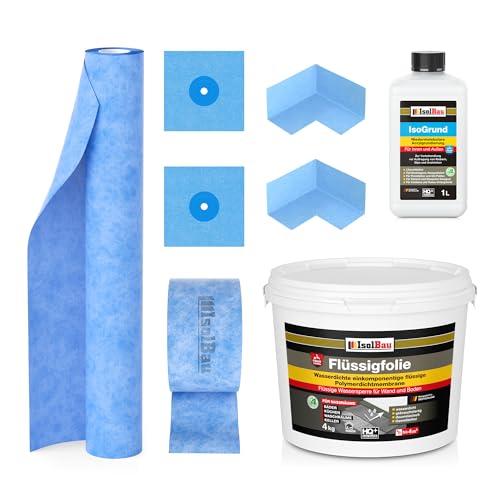 Isolbau Dichtset - Inkl. 1x Flüssigfolie (4 kg), 1x IsoGrund (1 L), 1x Dichtband (5 m), 1x Dichtbahn (1 m), 2x Innenecken & 2x Manschetten - MPA
