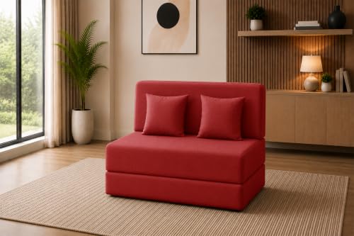 Image of Sofa Cum Bed with Jute Fabric, Convertible Two Seater Sofa Bed 4x6 Ft, Comfortable Cushioned Seating, Space Saving Design for Living Room, Bedroom & Guest Room - Red Color