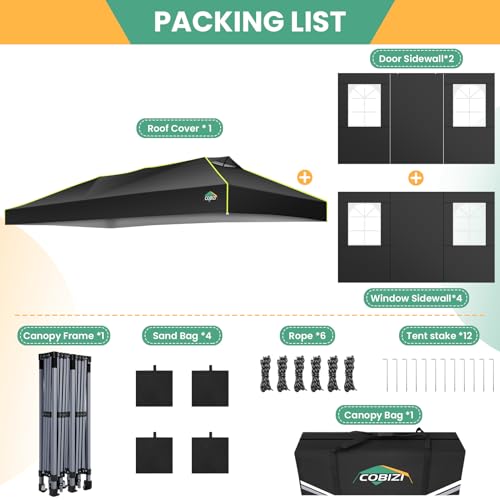Image of COBIZI 10x20 Pop Up Canopy Tent, Outdoor Party Tent with 6 Sidewall One Push Setup Glow, 3 Adjustable Height Air Vent Waterproof UPF50+, Bag, 4 Sandbag, 6 Stake, 12 Rope for Beach, Commercial