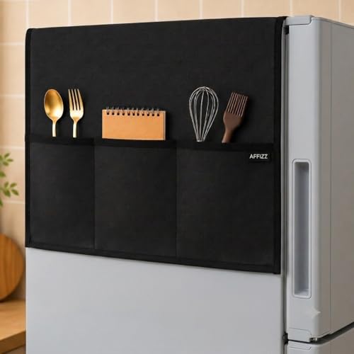 Image of Refrigerator Single Door Waterproof & Dustproof Protective Top Cover with 6 Storage Pockets - Washable Polyester Fridge Cover for Kitchen Organization (130 x 54 cm, Black)