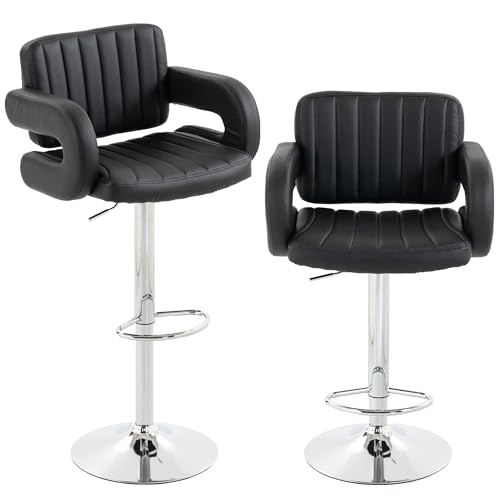 HOMCOM Lot de 2 tabourets de bar réglables en cuir synthétique avec dossier et accoudoirs, pivotants à 360°, repose-pieds en métal, pour cuisine, salle à...