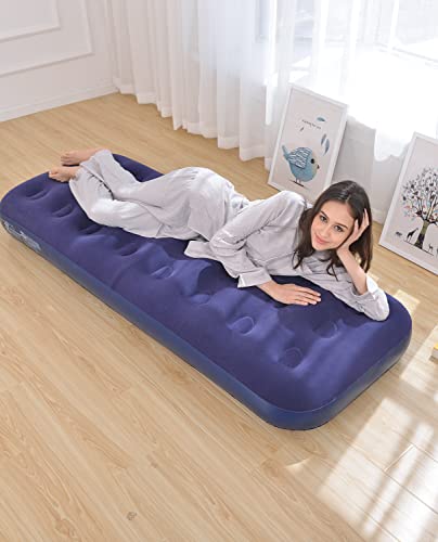 Jeaouia Single Size Air Mattress For Inflatable - Portable Blue Blow Up Mattresses With Flocked Top - Double Foldable Air Bed For Tent Camping Home Travel Backpacking #TOP6