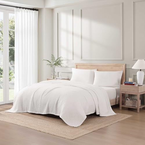 Image of Tommy Hilfiger - Queen Cotton Blanket, Woven Channel Stitched Bedding, Medium Weight Soft Blanket, Anti-Pilling & Fade Resistant, Ideal for Layering, Oeko-TEX Certified (White)