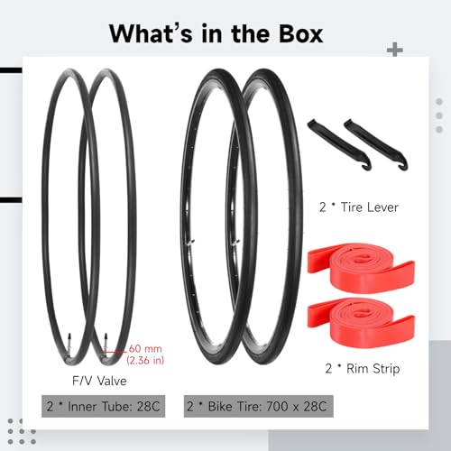 Image of yeesport 700 x 28c Road Bike Tires, 2 Pack Foldable (28-622) 700c x 28 Bike Tire and 700x28c Tube Presta Valve 60mm, 700c Bike Tire & Tire Lever Rim Strips