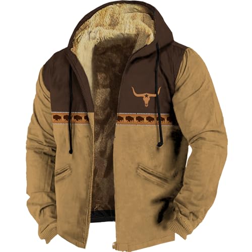 HOTYD Western Cowboy Jackets for Men Big and Tall Fleece Jackets for Men Long Sleeve Drawstring Oversized Jackets Retro Graphic Aztec Jacket Men Winter Jackets Sherpa Lined Coats H-Brown L