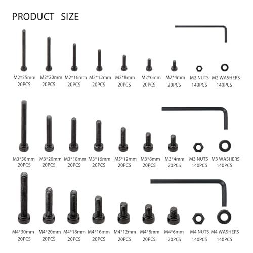 1260 STK M2 M3 M4 Schrauben Set, Zylinderschrauben mit Innensechskant Schrauben Set, Sechskantschrauben und Muttern und Unterlegscheiben Sortiment Set, Schwarz Maschinenschrauben Gewindeschrauben Set