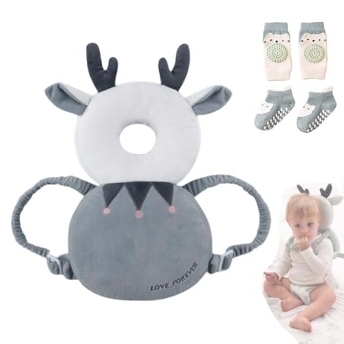 Bambebe Protezione Testa per Neonato Morbido Cuscino Anticaduta Bambino Proteggi Testa Bambini Regolabile Zaino Salva Testa Neonati Caschetto Primi Passi Zainetto Anticaduta Bambini(Cervo)