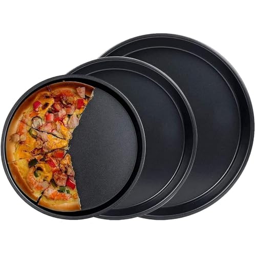 Serasiya enterprises Carbon Steel Pizza Baking Pan – Non-Stick Round Pizza Tray with Raised Edges for Even Baking, Oven & Grill Safe, Durable & Easy to Clean (Set of 3,Multicolor).