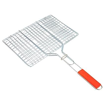 SNAPCOM Stainless Steel Non Stick Barbecue Square Grill Pan Basket with Wooden Handle BBQ Tool, Silver, Medium