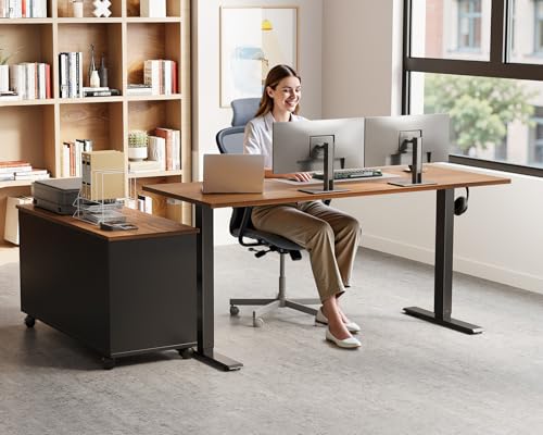 Image of OffiGo 48 Inch L Shaped Electric Standing Desk with Drawers & File Cabinet Sets, Executive Sit Stand Desk, Height Adjustable Computer Desk for Home Office, Writing, Workstation, Walnut+Black