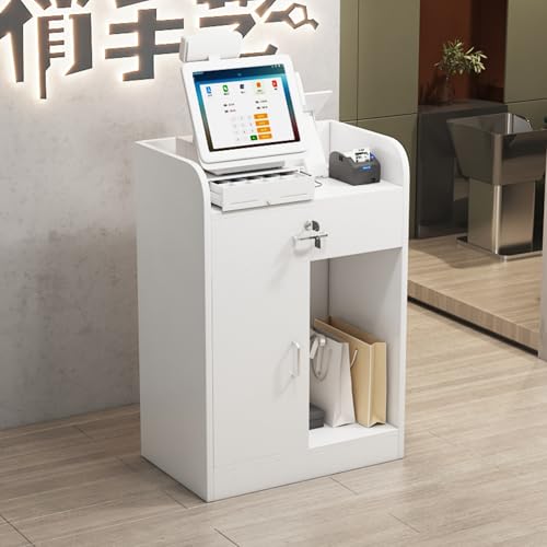 Escritorio de recepción esquinero de madera con cerradura para venta al por menor y salón de belleza, pequeña mesa de computadora de oficina con armario y cajón, muebles modernos de vestíbulo