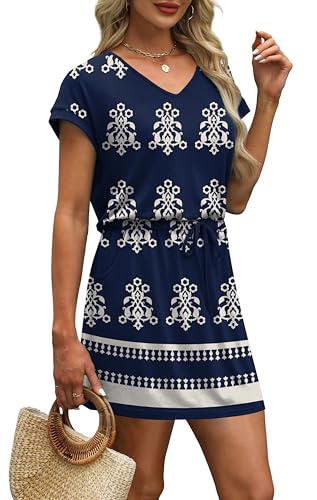 Image of OFEEFAN Summer Dresses for Women 2026 V Neck T Shirt Casual Mini Dresses Tie Waist Sundresses with Pockets