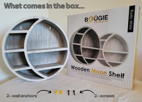 Bougie Products Moon Shelf Rustic White - Floating Wall-Mounted 14" X 3.5" Wooden Crescent Moon Shelf For Bathroom, Bedroom, Living Room & Kitchen - Display For Crystals, Stones, And Essential Oils #TOP1