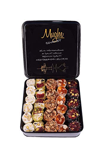 Mughe Gourmet Deluxe Auswahl Türkische Köstlichkeiten Pistazie 1000g Geschenkdose Traditionelle gemischte Lokum Sultan - Halal und vegetarisch - Perfekt für besondere Anlässe (Doppelte Schicht)