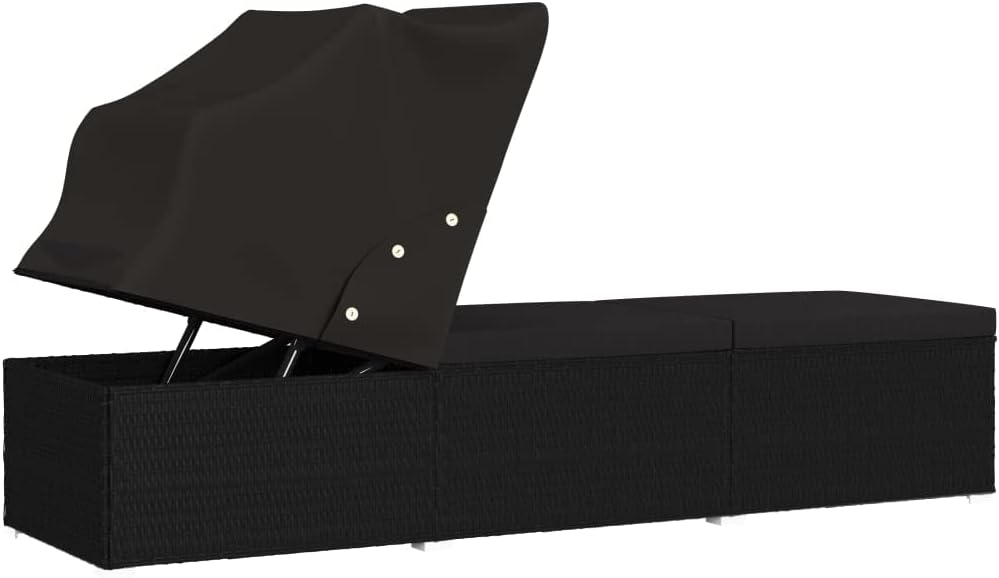 Sun Lounger with Canopy and Cushion,Outdoor Lounge Chairs,Outdoor Daybed,Sunbathing Recliner,Sunbathing Chair,Sun Lounge Bed,Outdoor Bed,for Beach,Patio,Backyard, Poly Rattan Black