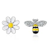 CZ Bee Daisy Flower Asymmetric Sterling Silver Tiny Small Stud Earrings for Women Cartilage Tragus Sensitive Ear Fashion Animal Cute Mini Piercing Post Hypoallergenic Gifts Daughter