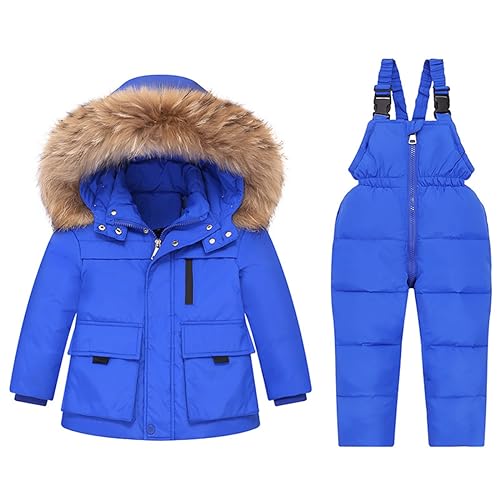 REWANGOING 2 Pcs Boys Girls Winter Warm Fur Trim Soild Puffer Down Jacket Snowsuit with Ski Jumpsuit Pants Outfits Set 110