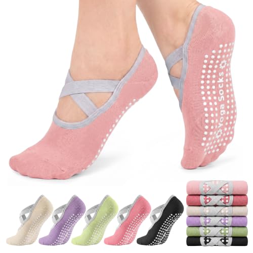 ihuan 6 Pairs Pilates Socks for Women Non-Slip Yoga Socks with Grips and Cross Straps - Cute Grippy Socks for Barre Ballet Dance Fitness Workout (Size 5-9)