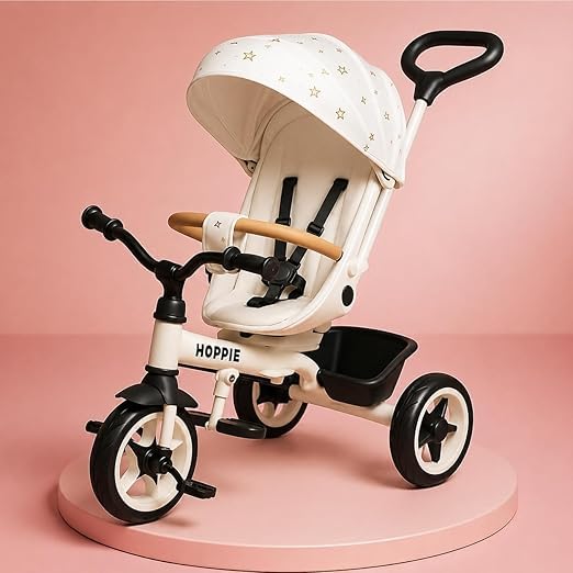 Hoppie Baby Tricycle for Kids (1–4 Years) | 4-in-1 Convertible Trike with Parental Control, Canopy, Safety Harness, EVA Wheels & Storage Basket | Adjustable Seat | White-image-36