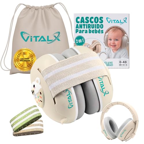 VITALX® SUPER PACK de Cascos Bebe Antiruido 3 en 1 | Cascos Antiruido Bebe y Cascos Antiruido Niños | De 0 a 48 Meses | Accesorios Bebe | Cascos ruido niños | cascos para bebes antiruido | Beige.