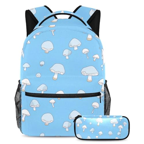 Cartable enfant champignon bleu avec trousse scolaire 40cm pour la rentrée